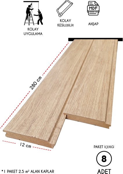 Mdf Ahşap Duvar ve Tavan Lambri Kaplama - Düz - 12 cm x 280 cm (8 Adet)