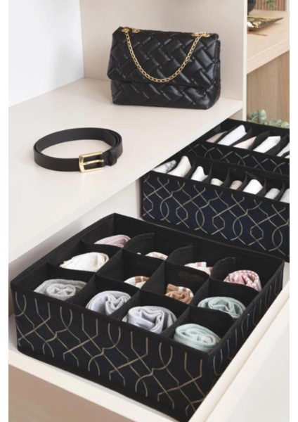 Elegance Siyah Çekmece Düzemleyici Premium Organizer 12 Gözlü Dolap Düzenleyici 31X25X12