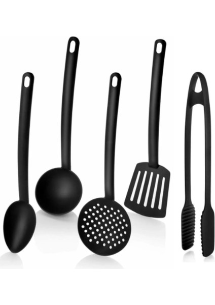 5'li Set Yanmaz Yapışmaz Teflon Kaplama Servis Seti Kepçe Kevgir Spatula Kaşık Mangal Maşası Seti