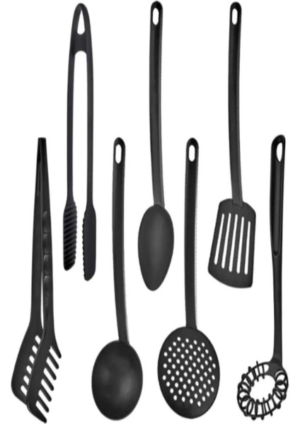 7'li Set Yanmaz Yapışmaz Teflon Servis Seti Kepçe Maşa Kaşık Kevgir Spatula Çırpıcı ve Mangal Maşası