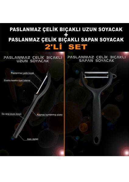 Soyacak - Sebze Meyve Soyacağı - Jülyen Soyacak - Paslanmaz Bıçaklı (Uzun +Sapan Model)2'Li Set