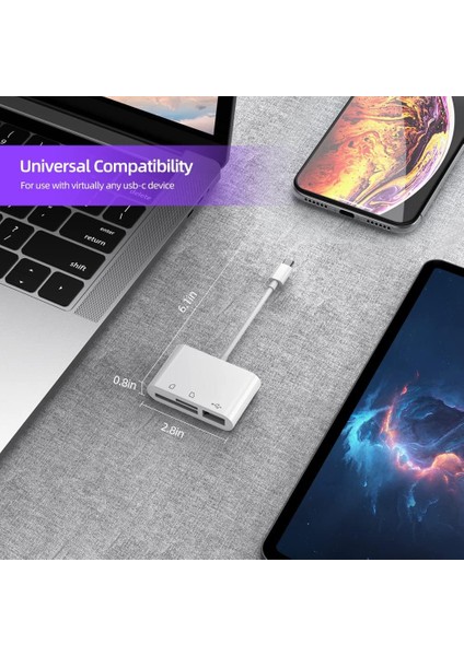 Tip C Adaptör USB C - Micro Sd Tf Hafıza Kartı Okuyucu, 3 In 1 Arada USB C - USB Kamera Bellek Kartı Okuyucu, Macbook, iPad Pro ile Uyumlu (ZR823)