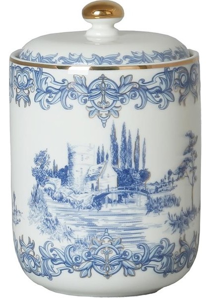 Lucky Art Florance Bone China Porselen Mavi Beyaz Barok Desenli Kapaklı Kavanoz 16 cm Lyhd 609