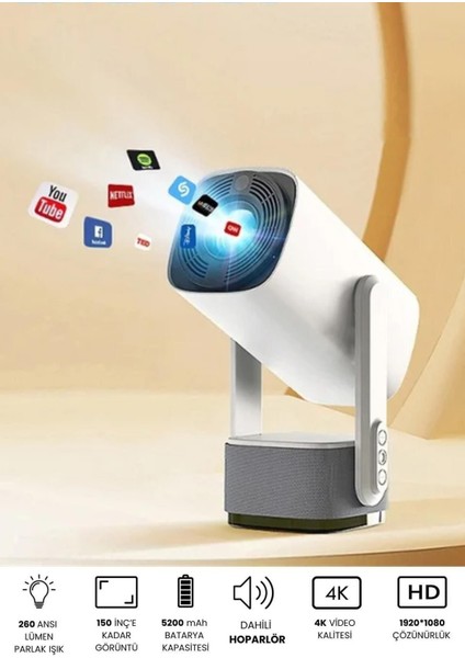 Taşınabilir Projeksiyon Dahili Hoparlör Ps5 ve Xbox Bağlantılı Oyun Sinema Projektör Full Hd 4K Android 1080P/2K/4K Destekli Ev Sinema Ofis Toplantı Fuar Sunum K2 modelleri
