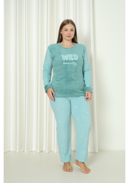 Fawn 3500 Peluş Welsoft Polar Kışlık Nakışlı Büyük Beden Kadın Pijama Takımı