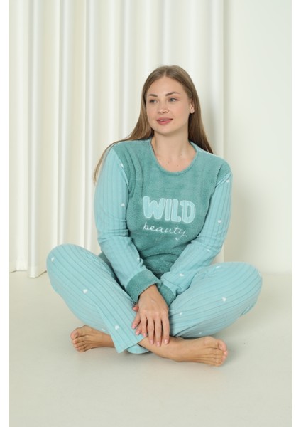 Fawn 3500 Peluş Welsoft Polar Kışlık Nakışlı Büyük Beden Kadın Pijama Takımı modelleri