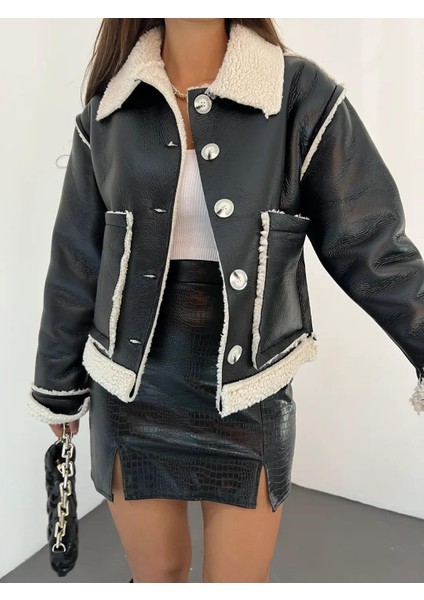 Defile Çift Cepli Kürk Detaylı Suni Deri Ceket