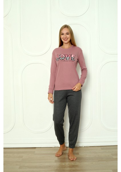 Fwn 04-3011 Interlok Kumaş Love Baskılı Kışlık Ev Kadın Pijama Takımı