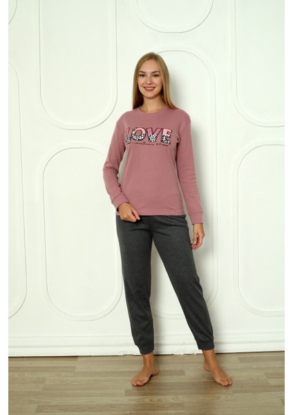Fwn 04-3011 Interlok Kumaş Love Baskılı Kışlık Ev Kadın Pijama Takımı fiyatları