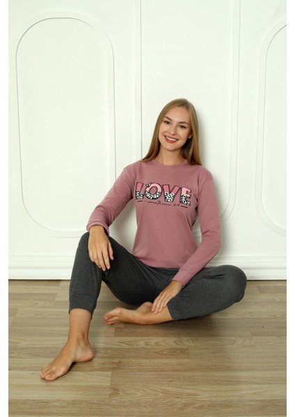Fwn 04-3011 Interlok Kumaş Love Baskılı Kışlık Ev Kadın Pijama Takımı fırsatları