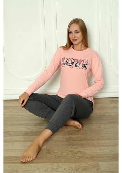Fwn 04-3011 Interlok Kumaş Love Baskılı Kışlık Ev Kadın Pijama Takımı modelleri