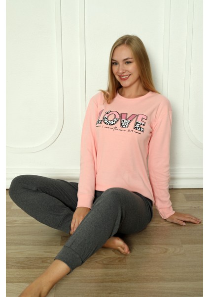 Fwn 04-3011 Interlok Kumaş Love Baskılı Kışlık Ev Kadın Pijama Takımı fırsatları