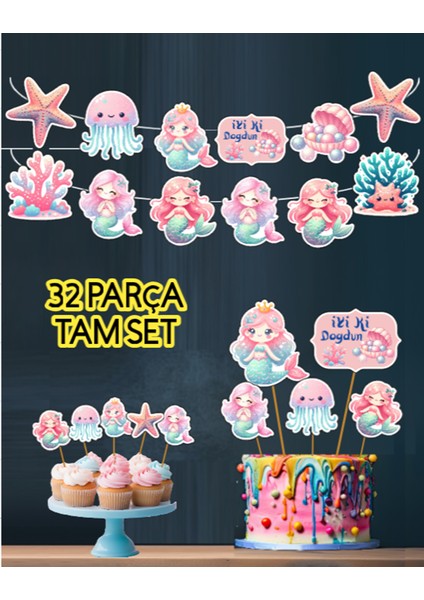 KUROMI-32PARÇA Tatlı Denizkızı Deniz Dev Doğum Günü Süsü Banner Pasta Kürdanı Cupcake Süsü Seti