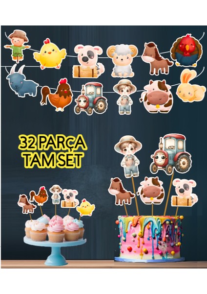 KUROMI-32PARÇA Çiftlik Hayvanları Dev Doğum Günü Süsü Banner Pasta Kürdanı Cupcake Süsü Seti