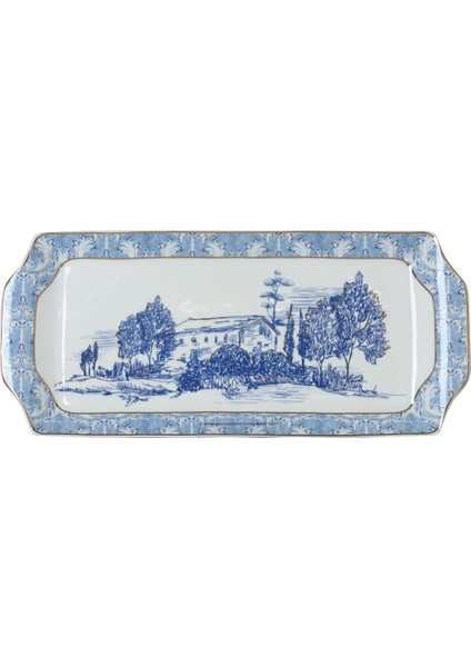Lucky Art Florance Bone China Porselen Mavi Beyaz Barok Desenli Baton Servis Tabağı 36 cm Lyhd 612