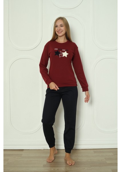 Fawn 3104 Interlok Kumaş Yıldız Nakışlı Kışlık Ev Kadın Pijama Takımı