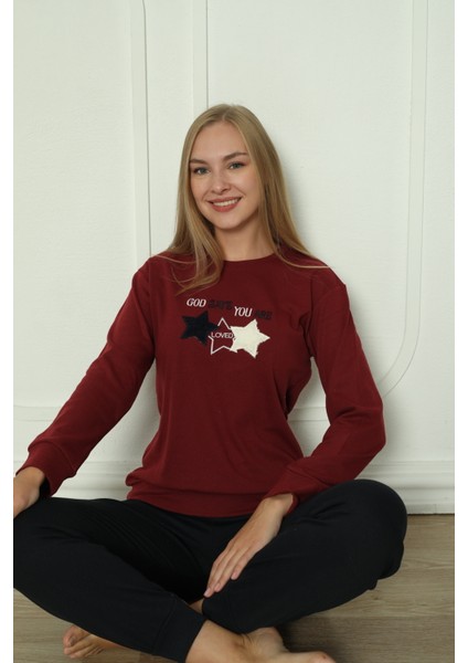 Fawn 3104 Interlok Kumaş Yıldız Nakışlı Kışlık Ev Kadın Pijama Takımı fırsatları