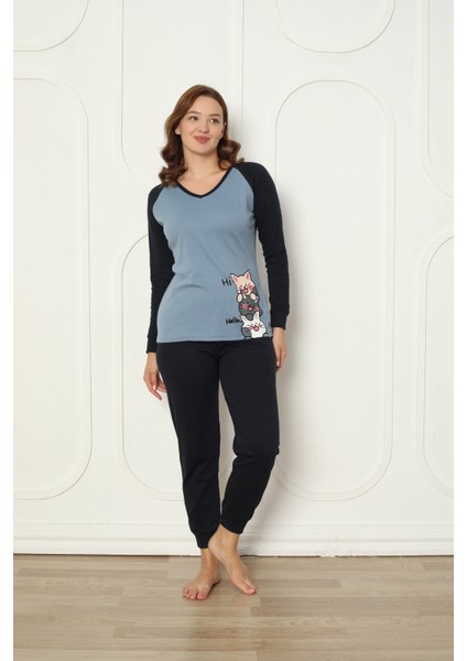 Fwn 04-3024 Interlok Kumaş Minnoş Kedili Kışlık Ev Kadın Pijama Takımı