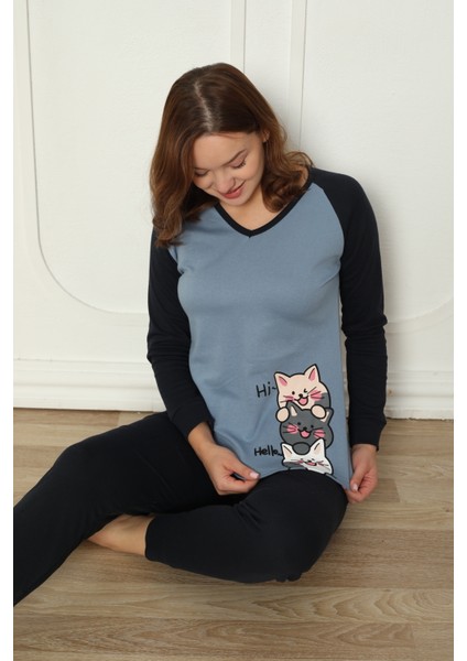 Fwn 04-3024 Interlok Kumaş Minnoş Kedili Kışlık Ev Kadın Pijama Takımı
