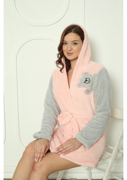 Fwn 3609 Kapüşonlu Welsoft Peluş Yumoş Panda Nakışlı Kadın Sabahlık fırsatları