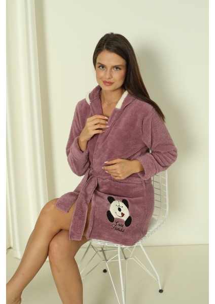 Fwn 04-3606 Kapüşonlu Welsoft Peluş Yumoş Panda Nakışlı Kadın Sabahlık
