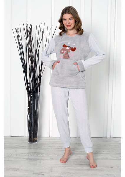 Fwn 04-3301 Peluş Welsoft Polar Kışlık Yumoş Geyikli Kadın Pijama Takımı