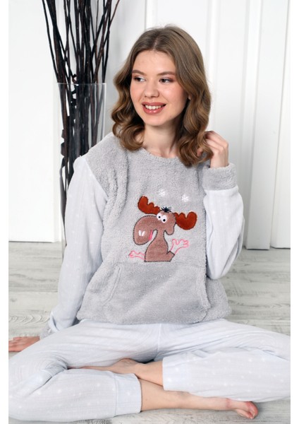 Fwn 04-3301 Peluş Welsoft Polar Kışlık Yumoş Geyikli Kadın Pijama Takımı