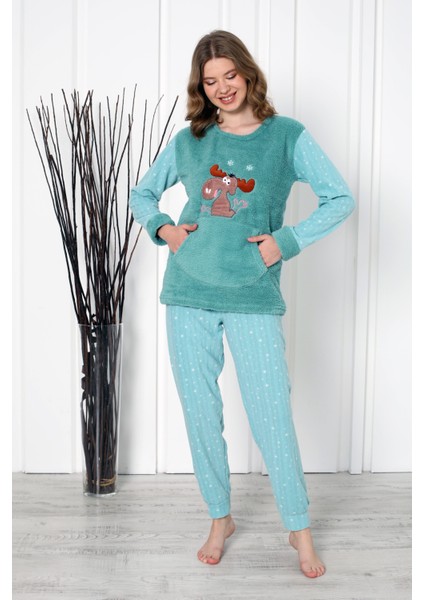 Fwn 04-3301 Peluş Welsoft Polar Kışlık Yumoş Geyikli Kadın Pijama Takımı