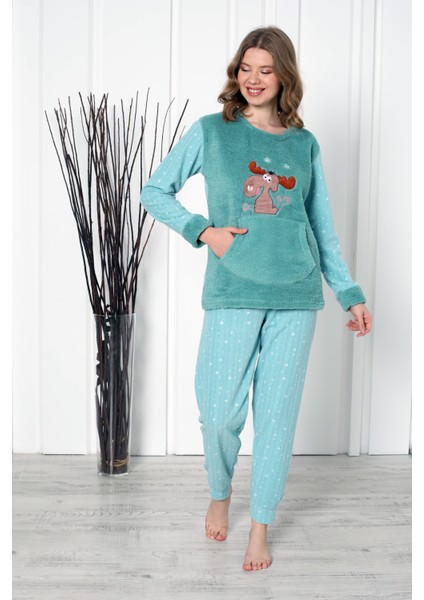 Fwn 04-3301 Peluş Welsoft Polar Kışlık Yumoş Geyikli Kadın Pijama Takımı