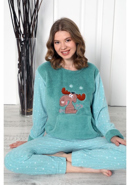 Fwn 04-3301 Peluş Welsoft Polar Kışlık Yumoş Geyikli Kadın Pijama Takımı