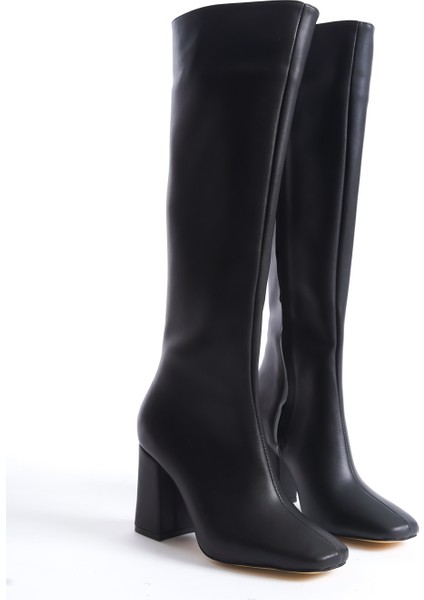 Vonje Carmen Siyah Kadın Topuklu Çizme Suni Deri Kalın Topuklu Şık Görünüm Klasik Model fırsatları