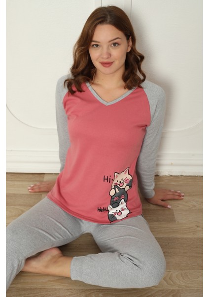 Fwn 04-3024 Interlok Kumaş Minnoş Kedili Kışlık Ev Kadın Pijama Takımı
