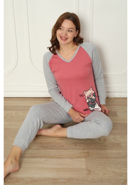 Fwn 04-3024 Interlok Kumaş Minnoş Kedili Kışlık Ev Kadın Pijama Takımı