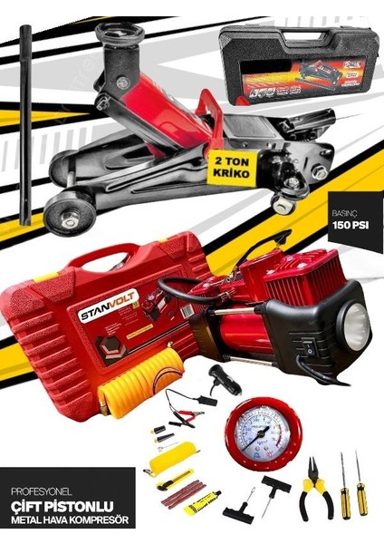 2 Ton Kriko Tamir Setli Çift Piston Metal Lastik Şişirici