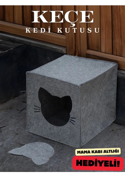 Keçe Kedi Yuvası Dekoratif Mama Kabı Altlığı Hediyeli Organizer Düzenleyici Katlanabilir Gri
