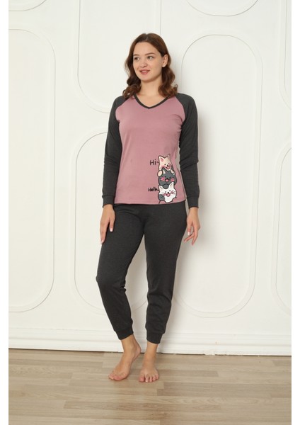 Fwn 04-3024 Interlok Kumaş Minnoş Kedili Kışlık Ev Kadın Pijama Takımı