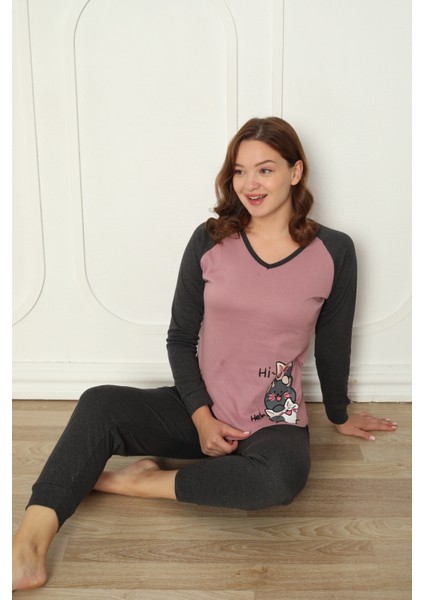 Fwn 04-3024 Interlok Kumaş Minnoş Kedili Kışlık Ev Kadın Pijama Takımı