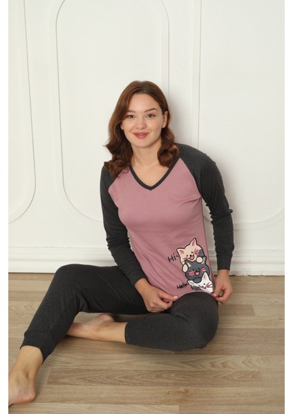 Fwn 04-3024 Interlok Kumaş Minnoş Kedili Kışlık Ev Kadın Pijama Takımı