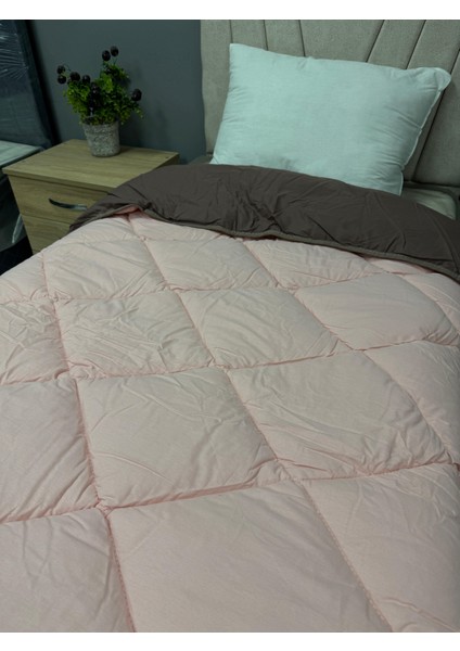 Pamuk Ranforce Tek Kişilik Yorgan Çift Taraflı Kahve-Pembe Düz Desen