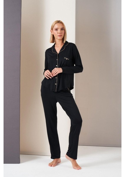 Pijama Kadın Düğmeli Biyeli Cepli Uzun Kol Pijama Takım 26035