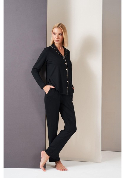 Pijama Kadın Düğmeli Biyeli Cepli Uzun Kol Pijama Takım 26035 fiyatları