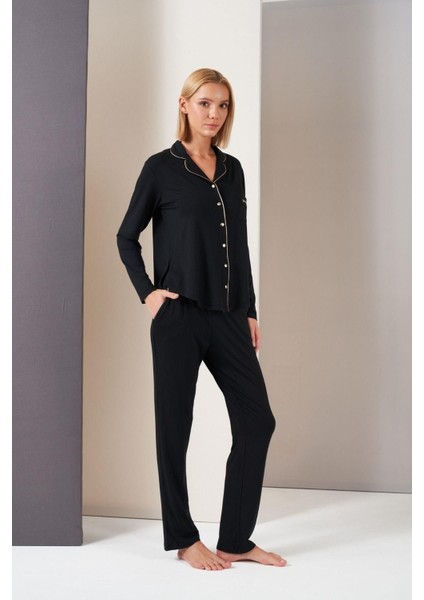 Pijama Kadın Düğmeli Biyeli Cepli Uzun Kol Pijama Takım 26035 modelleri