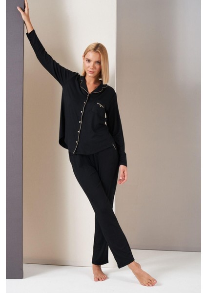 Pijama Kadın Düğmeli Biyeli Cepli Uzun Kol Pijama Takım 26035 fırsatları