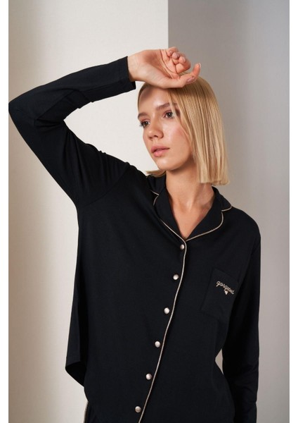 Pijama Kadın Düğmeli Biyeli Cepli Uzun Kol Pijama Takım 26035 indirimleri