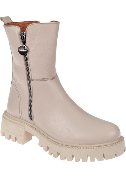 Castle Black Hakiki Deri Fermuarlı Kadın Bot SK-23782 BEJ
