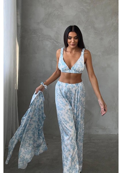 Mavi Kuş Dijital Baskılı Uzun Saten Üçlü Pijama