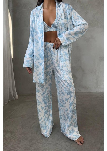 Mavi Kuş Dijital Baskılı Uzun Saten Üçlü Pijama