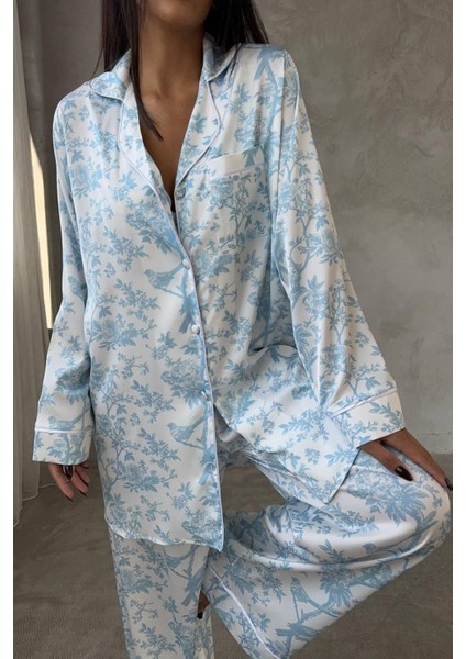 Mavi Kuş Dijital Baskılı Uzun Saten Üçlü Pijama