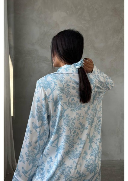 Mavi Kuş Dijital Baskılı Uzun Saten Üçlü Pijama