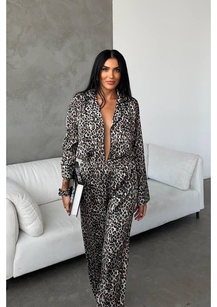 Yeşil Leopar Dijital Baskılı Uzun Saten Pijama L